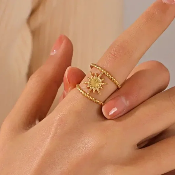 Stainless Steel Gold Tone Sunburst Adjustable Ring (R42) - Picture 2 of 10